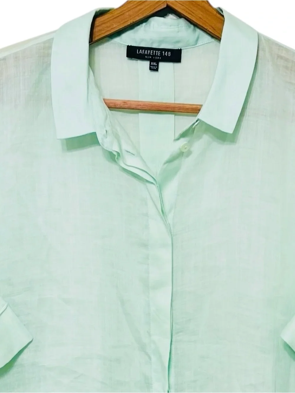 Lafayette 148 New York Ramie Tencel Button Up Top Short Sleeve Sage Green Blouse - Picture 5 of 10